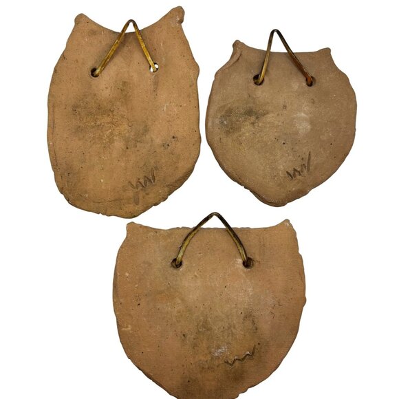 3 Handmade Art Pottery Owl Wall Hangings Rustic Textures Natural Tones Signed - Picture 2 of 10